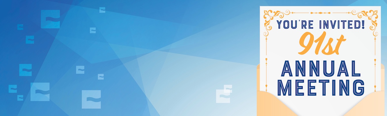 Banner image for 91st Annual Meeting invitation featuring a blue gradient background with repeating letter 'E' pattern on the left side, and an elegant cream-colored invitation card on the right with decorative gold scrollwork border stating 'YOU'RE INVITED! 91st ANNUAL MEETING
