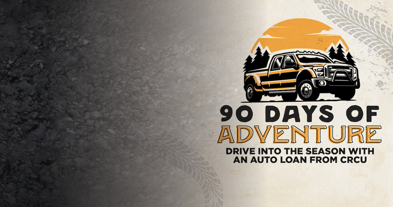 Auto loan promotion with a truck sitting in front of trees during a sunset.
