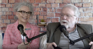 An elderly woman and man talking in a split view.