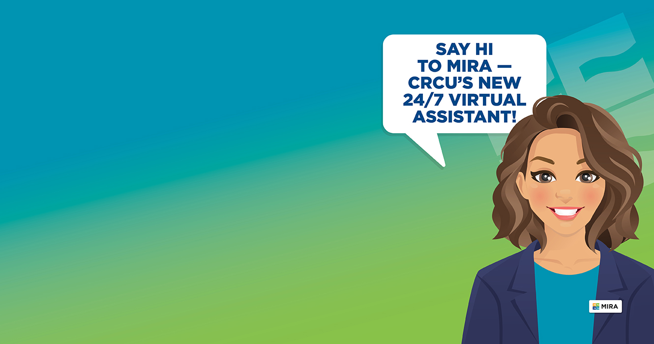 Virtual assistant Mira shown with a speech bubble against a blue‐to‐green gradient background.