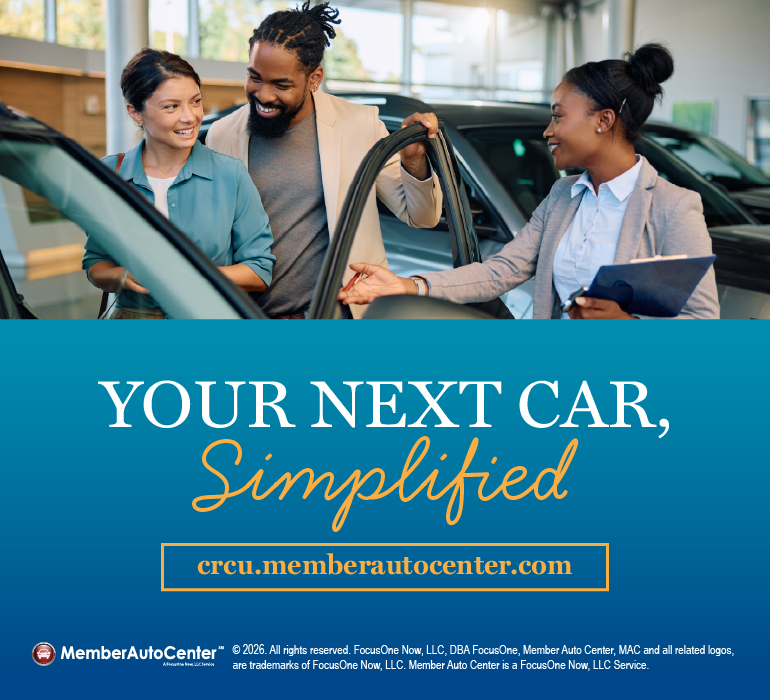 Your Next Car, Simplified — a couple smiles with a dealership representative while viewing a vehicle, with a link to crcu.memberautocenter.com.
