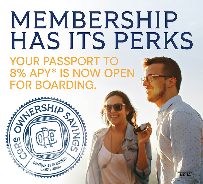 Smiling couple outdoors with text: Membership Has Its Perks — Your passport to 8% APY is now open for boarding. Core Ownership Savings, Community Resource Credit Union.